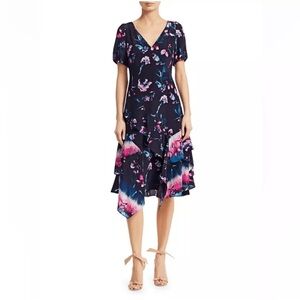 Tanya Taylor Blue and Pink Puff Sleeve Wrap Dress
